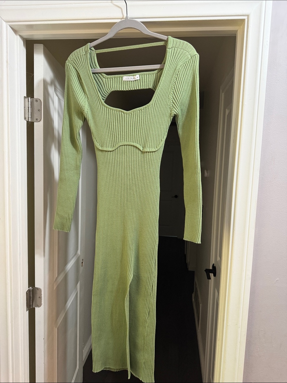 12th Tribe Ribbed Cutout Long Sleeve Midi Dress - Light Green